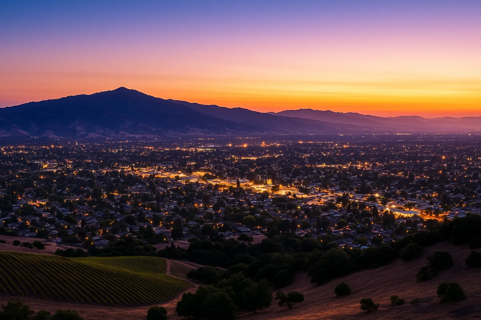 Aerial twilight panorama of Morgan Hill featuring Anderson Lake’s reflective surface at the valley’s edge, suburban streets glowing under streetlights nearby, and the jagged Diablo Range crests bathed in fading warm and cool evening colors.